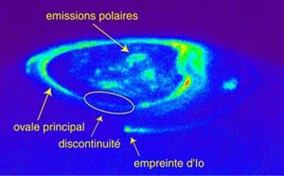 Image en ultraviolet du pôle nord de Jupiter réalisée par le télescope spatial Hubble. L’empreinte de Io est visible, ainsi qu’une discontinuité dans l’ovale auroral. Crédit : LPAP/Université de Liège