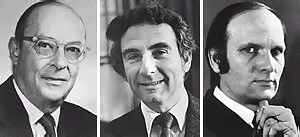 John Bardeen, Leon Cooper et Schrieffer J. Robert, prix Nobel 1972 pour leur théorie BCS de la supraconductivité. Crédit : <em>Warwick University</em>