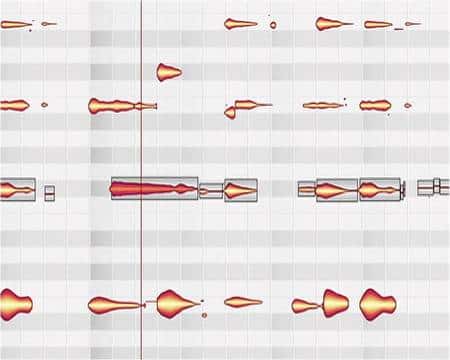 Un morceau de musique analysé par le logiciel. La ligne inférieure montre l'image globale du son. Dans la partie supérieure du graphique, les notes apparaissent sur des lignes horizontales. Comme dans une partition, les graves sont en bas et les aigus en haut. Chaque motif, représentant une note, peut être déplacé ou déformé. Ici, le motif coloré en rouge a été déplacé vers la gauche. © Celemony Software