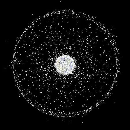 L'orbite géostationnaire rassemble un très grand nombre de satellites, la majeure partie étant indésirable. Leur représentation figure un anneau à 36.000 km de la Terre. (Nasa 2007).