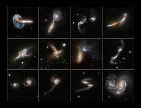Cliquez pour agrandir. Les 12 photos de galaxies en collisions les plus spectaculaires. Crédit : Nasa-Esa.