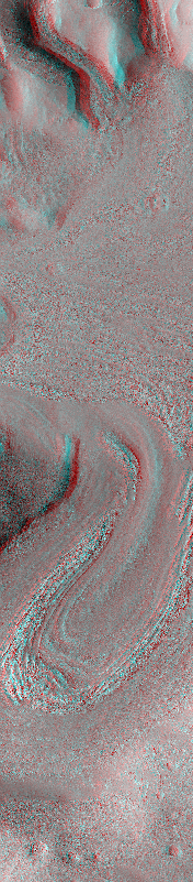 Cliquez pour agrandir. Vue (visible en relief avec des lunettes rouge et verte) de la région de <em>Protonilus Mensae-Coloe Fossae</em>. En haut, la formation est peut-être le reste de moraines glacières. Crédit : Nasa