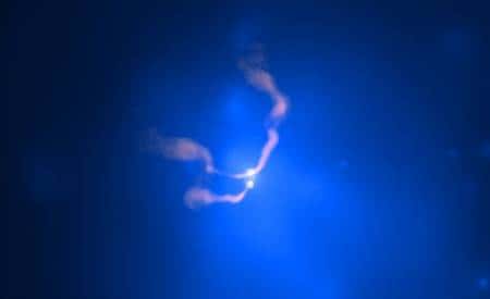 Cette image prise par le télescope spatial Chandra en ondes radio (en rose) et rayons X (en bleu) d’Abell 400, un ensemble de deux galaxies en collision, montre des jets d'onde radio immergés dans un vaste nuage de rayonnement. Les jets proviennent de la proximité de deux trous noirs supermassifs. Ces trous noirs se trouvent dans la galaxie NGC 1128, laquelle a produit la source radio géante 3C 75. Credit: X-ray: Nasa/CXC/AIfA/D.Hudson &amp; T.Reiprich et <em>al.</em>; Radio: NRAO/VLA/NRL