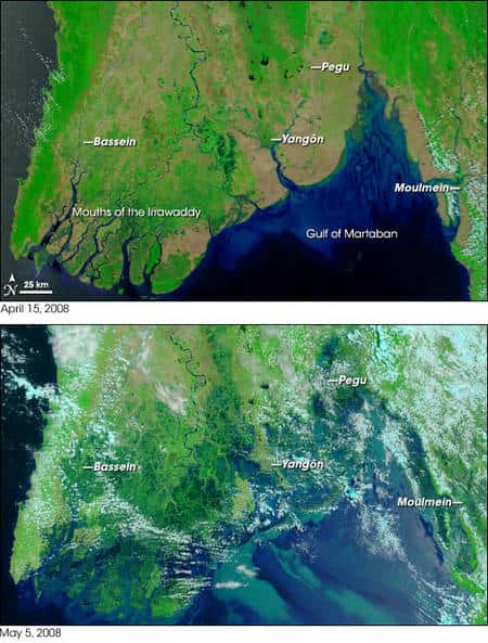 Figure 1. Le sud de la Birmanie le 15 avril (en haut) et le 5 mai 2008 (en bas). Yangon est le nom<br />birman de la ville de Rangoun.<br />© Nasa/<em>Modis Rapid Response Team at Nasa GSFC</em>/Rebecca Lindsey