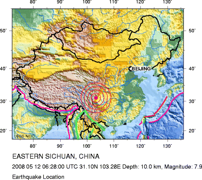 L'épicentre du séisme (point rouge) dans la région du Sichuan, proche de Chengdu. Crédit : USGS.