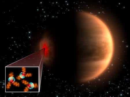Une représentation d'artiste de la molécule d'OH dans la haute atmosphère de Vénus. En rouge, l'hydrogène et en bleu l'oxygène. Cliquez pour agrandir. Crédit : C. Carreau/Esa