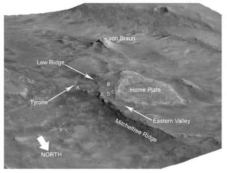 Une reconstitution de la topographie de la région du cratère Gusev où se trouvait en 2008 le rover Spirit lorsqu'il a découvert les dépôts hydrothermaux. © Nasa<br /> 