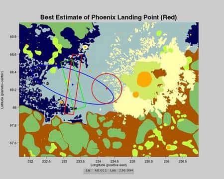 Le point au centre du cercle rouge représente l'endroit où Phoenix a été repéré, en bordure de l'ovale bleu qui délimitait la zone d'atterrissage. Crédit : Nasa/JPL-Caltech/<em>University of Arizona</em>