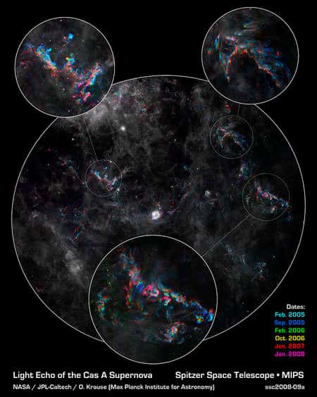 Le flash de lumière émis par la supernova provoque l'illumination transitoire des nuages au fur et à mesure qu'il progresse. Les couleurs montrent les observations de Spitzer à différentes époques.