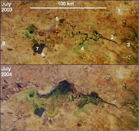 Vue satellite du barrage Itezhi-tezhi, successivement en juillet 2003 et juillet 2004. Une meilleure gestion des inondations saisonnières permet la réapparition des zones envahies par la végétation (en vert). 1: Lusaka, 2: Kafue town, 3: Kafue Gorge Dam, 4: Mazabuka et Nakambala <em>Sugar Estates</em>, 5: <em>Blue Lagoon National Park</em>, 6: <em>Lochinvar National Park</em>, 7: Chunga Lagoon, 8 Kasenga. Credit : Nasa/GSFC/LaRC/JPL, MISR Team