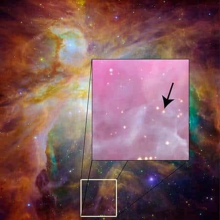 Cliquez pour agrandir. Un zoom sur la nébuleuse d'Orion et le système binaire. Comme les étoiles sont très proches, elles ne sont pas résolues sur l'image et apparaissent comme une seule étoiles pointée par la flèche. Crédit : Nasa-JPL/HST/ David James (Vanderbilt)