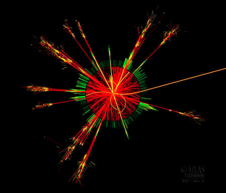 Cliquez pour agrandir. Une simulation de l'évaporation d'un mini trou noir dans le détecteur Atlas du LHC. Crédit : Cern