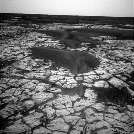Des polygones de dessication dans un sol riche en sulfate sont évidents sur cette image prise par Opportunity dans la région de <em>Meridiani Planum</em>. © Nasa