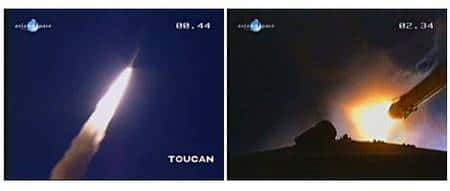 Ariane 5 s’élance dans le ciel de Kourou, séparation des accélérateurs. Capture Videocorner Arianespace
