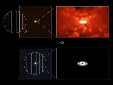 Cliquez pour agrandir. Représentation d'artiste de l'image d'un quasar avant et après soustraction de la lumière non polarisée. Le, disque d'accrétion en blanc-bleu devient alors visible. Crédit : M. Kishimoto, M. Schartmann