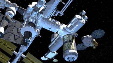 Orion en approche de la Station Spatiale Internationale (vue d’artiste). Crédit Nasa