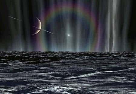 Vue d’artiste montrant les geysers de glace surgissant des crevasses d’Encelade, derrière lesquels apparaît un minuscule Soleil entouré d’un halo de diffraction. Crédit Karl Kofoed – JPL.