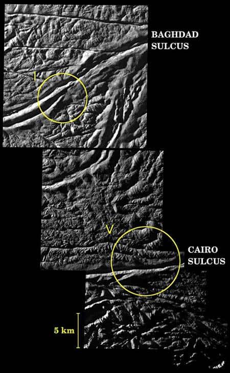 Les scientifiques utilisent ces images détaillées afin de déterminer quels types de failles sont associés à certaines activités géologiques particulières. Ces informations, couplées aux données transmises par les détecteurs de Cassini, peuvent  aider les chercheurs à identifier d’éventuelles nappes d’eau souterraines sous la surface d’Encelade. Les cercles montrent des dépôts de glace engendrés par les jaillissements de geysers. Crédit : NASA/JPL/Space Science Institute.