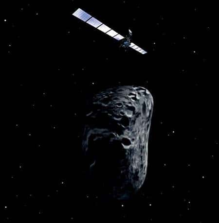 Rosetta en approche de l’astéroïde Steins (vue d’artiste). Crédit Esa