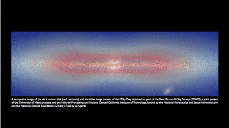 Cliquez pour agrandir. Une image composite du disque de matière noire de la simulation (rouge) et d'une image de notre Galaxie fournie par <a href="http://pegasus.phast.umass.edu/" target="_blank">2MASS</a> en infrarouge. © J. Read &amp; O. Agertz