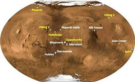 Position des sondes américaines actuellement en opération sur le sol de Mars. Le lieu d'atterrissage de MSL n'a pas encore été déterminé. Crédit Nasa