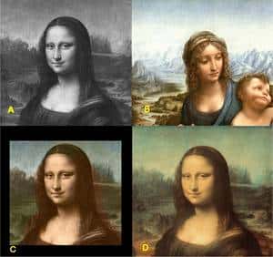 En haut à gauche (A), une image de <em>La Joconde</em>, convertie en noir et blanc. En B, une image similaire, en couleurs, choisie par les chercheurs. Il s'agit d'une reproduction de <em>La Madone aux fuseaux</em>, un tableau peint également par Léonard de Vinci. En C, la reconstitution des couleurs réussie par le logiciel, assez proche de l'original (D)... © G. Charpiat, M. Hofmann, B.Schölkopf / Montage Futura-Sciences