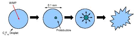 Une particule de matière noire comme une Wimp pénètre dans une microgoutte et provoque l'apparition d'une bulle de vapeur en expansion. Crédit : Collaboration Picasso