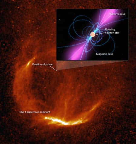 Le télescope Fermi a découvert le premier pulsar grâce à son émission gamma. Le pulsar (ici en médaillon) se trouve dans le vestige de supernova CTA 1 dans la constellation de Céphée. Crédit : Nasa-CNRS
