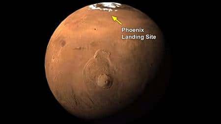 Lieu d’atterrissage de Phoenix près du pôle nord martien. Crédit Nasa
