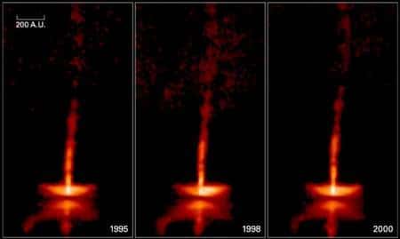 Figure 3. De 1995 à 2000, le télescope Hubble a pris différentes photos des jets bipolaires d'une jeune étoile âgée d'un demi-million d'années. La barre en haut à gauche donne l'échelle en unités astronomiques (UA). Crédits : Nasa, Alan Watson (<em>Universidad Nacional Autonoma de Mexico</em>), Karl Stapelfeldt (<em>Jet Propulsion Laboratory</em>), John Krist, Chris Burrows (<em>European Space Agency</em>/<em>Space Telescope Science Institute</em>)