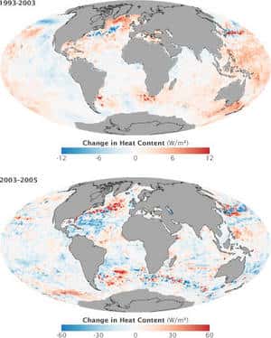 Figure 1. (Cliquez pour agrandir.) Dans de précédentes études, Josh Willis et ses collègues avaient conclu que les océans ont gagné de la chaleur entre 1993 et 2003 (figure de haut). Mais une étude ultérieure portant sur les années 2003 à 2005 a montré une <em>diminution de température</em> jusqu’à 5 fois rapide que le réchauffement de la décennie précédente (voir les explications dans le texte). Les régions chaudes sont en rouge, les régions froides en bleu. Notez que les échelles sont différentes (de -12 à + 12 W/m<sup>2</sup> de 1993 à 2003 et de -60 à +60 W/m<sup>2</sup> pour les années 2003-2005. © Nasa