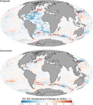 Figure 2. Originellement, la température en profondeur diminuait de plus de 1,5°C dans l’Atlantique entre 2004 et 2006. Ce refroidissement était le résultat d’erreurs de calibration des sondes XBT et Argo. Une fois les données corrigées, le refroidissement disparaît. Il reste des variations importantes de température qui, cette fois, sont liées à des déplacements des courants océaniques. © Nasa