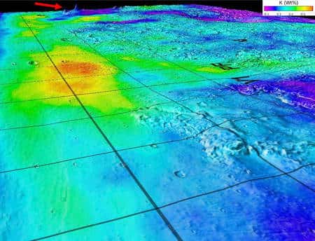 Cette carte 3D surimpose les données du GRS de <em>Mars Odyssey</em> avec les données topographiques de l'altimètre laser à bord de la sonde <em>Mars Global Surveyor</em>. La flèche rouge indique le bouclier de volcans d’Elysium dans l’hémisphère nord de Mars, vu obliquement vers le sud-est. En bleu-violet, les zones pauvres en potassium et en rouge-jaune des dépôts sédimentaires riches en potassium dans les basses terres au-dessous des sites d'atterrissage de <em>Mars Pathfinder</em> (PF) et <em>Viking 1</em> (V1). Crédit : <em>NASA/JPL/University of Arizona</em>