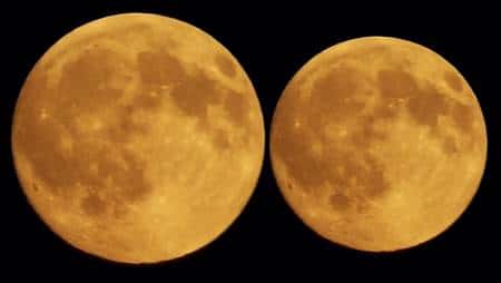 Différence de la taille apparente de la Lune au périgée (à gauche) et à l'apogée (à droite). Crédit J-B Feldmann