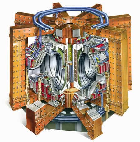 Cliquez pour agrandir. Un schéma en coupe du tokamak JET (source EFDA-JET). Le JET est un tokamak d'environ 12m de haut. Le cœur de la machine est constitué d'une enceinte à vide toroïdale de forme en D, d'un diamètre de  2,96 mètres. Le volume du plasma est typiquement en 80 et 100 m<sup>3</sup>. Iter devrait beaucoup lui ressembler mais en plus grand. © CEA