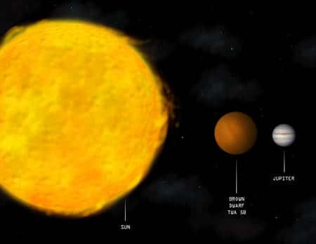 Cliquez pour agrandir. Une comparaison de la taille du Soleil, de Jupiter et d'une naine brune (<em>brown dwarf</em>). Crédit : Nasa/CXC/M.Weiss