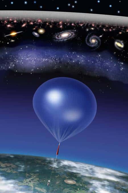 Une vue d'artiste du ballon de la mission Arcade voguant dans la stratosphère à l'écoute de la naissance des premières étoiles. Crédit : <em>NASA/ARCADE</em>/Roen Kelly