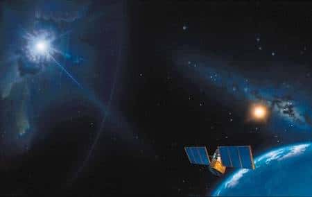 Vue d'artiste d'un sursaut gamma cosmologique observé par un satellite. Crédit: A.J. Kamajian