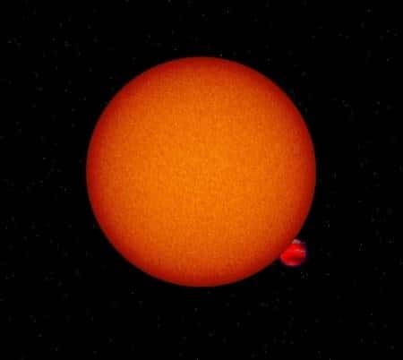 OGLE-TR-56b presque éclipsée par son étoile hôte (vue d'artiste). Crédit : David Sing