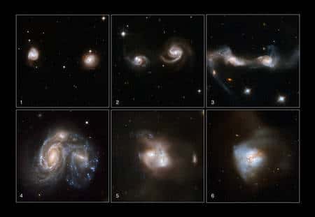 Cliquer pour agrandir. Plusieurs collisions de galaxies permettent de reconstituer les différentes étapes d'un processus s'étalant sur des centaines de millions d'années. © <em>NASA, ESA, the Hubble Heritage Team (STScI/AURA)-ESA/Hubble Collaboration, A. Evans (University of Virginia, Charlottesville/NRAO/Stony Brook University), K. Noll (STScI), J. Westphal (Caltech)</em>
