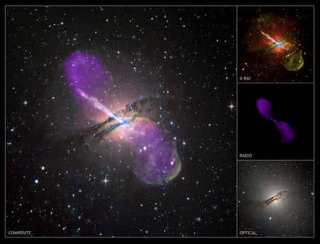 Cliquer pour agrandir. Un ensemble d'images à différentes longueurs d'ondes et leur composition pour donner un portrait de Centaurus A. Crédit : X : NASA/CXC/CfA/R.Kraft <em>et al.,</em> radio: NSF/VLA/Univ. Hertfordshire/M.Hardcastle; optique : ESO/VLT/ISAAC/M.Rejkuba <em>et al.</em>