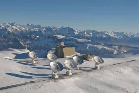 Le radiotélescope utilisé pour les observations de la galaxie J1148+5251: l’interféromètre de l’IRAM au Plateau de Bure dans les Alpes françaises. Crédit : IRAM/Rebus