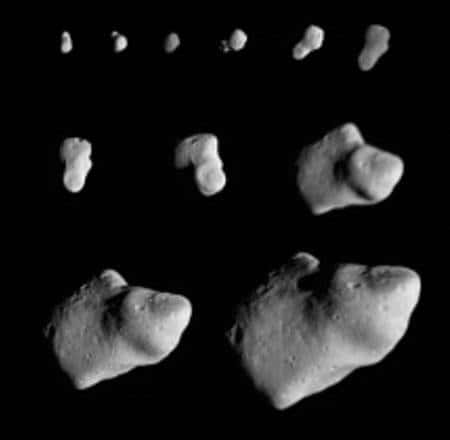 Cliquez pour agrandir. Série d'images de 951 Gaspra prises sur une période d'environ 5 heures par Galileo lors de son survol de cet astéroïde.