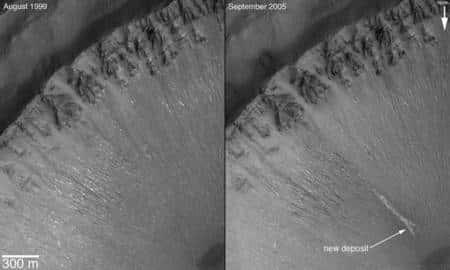 Cliquer pour agrandir. Ces images prises au-dessus de la région de <em>Centauri Montes</em> sur Mars montrent elles aussi un écoulement récent. Crédit : Nasa/JPL/<em>Malin Space Science Systems</em>