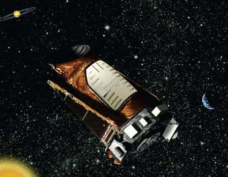 Kepler en orbite héliocentrique, avec la Terre en arrière-plan (vue d'artiste). Crédit Nasa