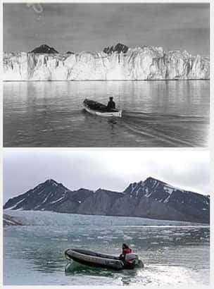 Photos du glacier Blomstrand (Spitzberg) en 1918 et de nos jours. © Greenpeace