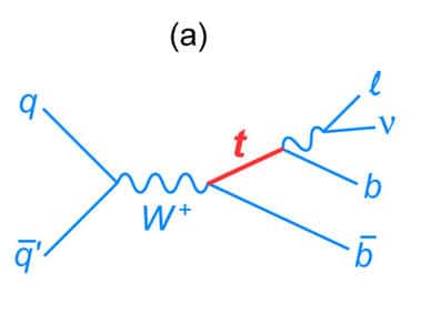 Une réaction électrofaible possible avec production d'un seul quark top. A gauche, une paire de quark-antiquark (q-q barre) s'annihile pour donner un boson électrofaible chargé W+. Ce dernier se désintègre en un quark top (rouge) et un antiquark beau (b-barre). Enfin, le quark top lui-même se désintègre en une paire lepton-neutrino plus un quark beau <em>b</em>. Crédit : Fermilab