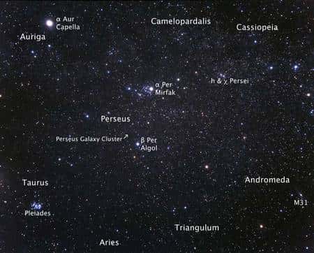 Cliquer pour agrandir. La localisation sur la voûte céleste de l'amas de galaxies de la constellation de Persée. Crédit : Nasa, Esa, A. Fujii (STScI)