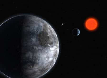 Un système planétaire où une exoterre tourne autour d'une naine rouge de type M comme Gliese 581. Cliquer sur l'image pour l'agrandir. © Eso