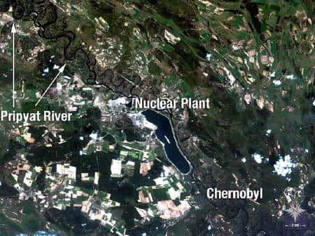 La région de Tchernobyl, photographiée par Landsat en 1989, juste après l’explosion de la centrale nucléaire. Crédit Nasa/USGS
